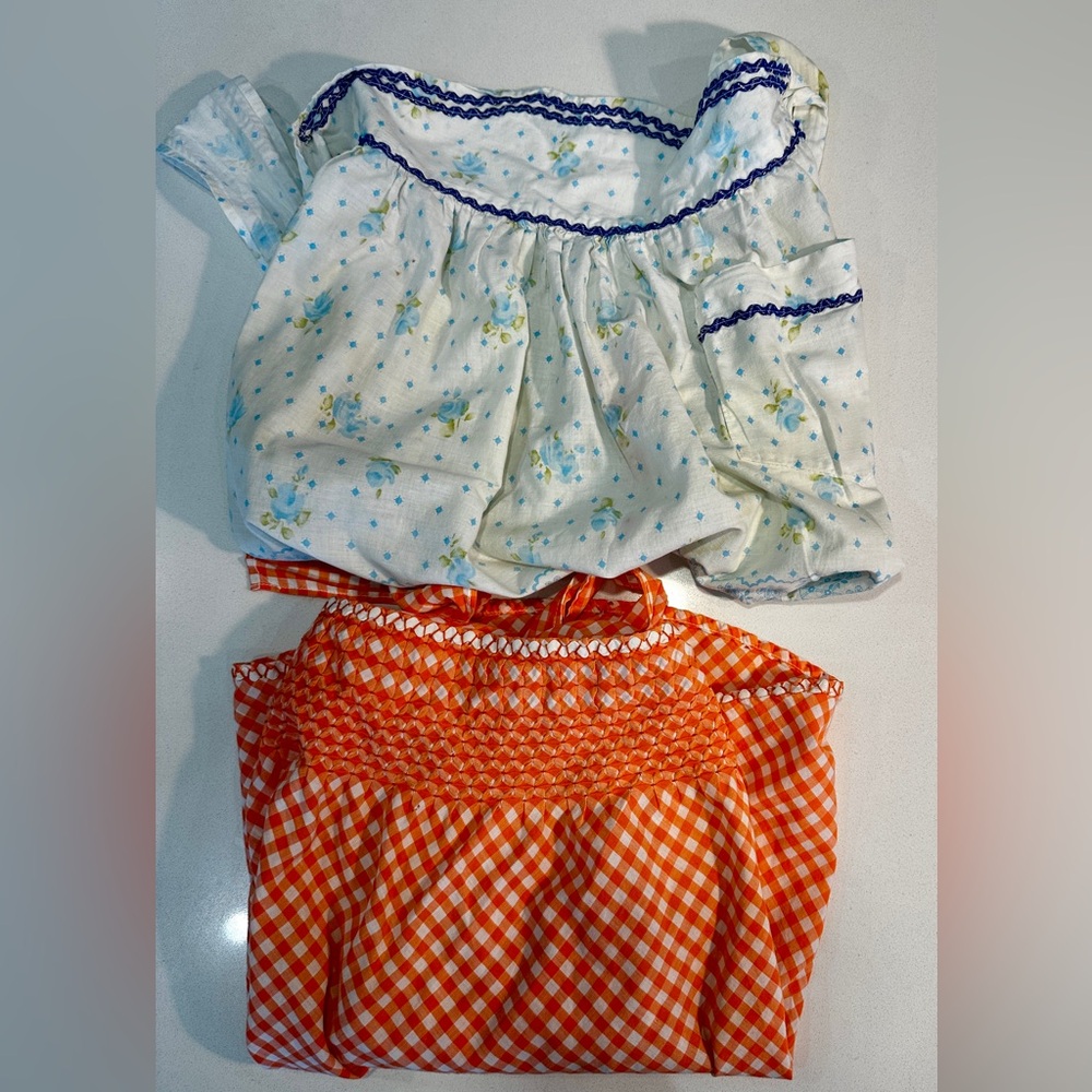 Vintage hand-made aprons - set of 2, orange gingham and white with blue flowers
